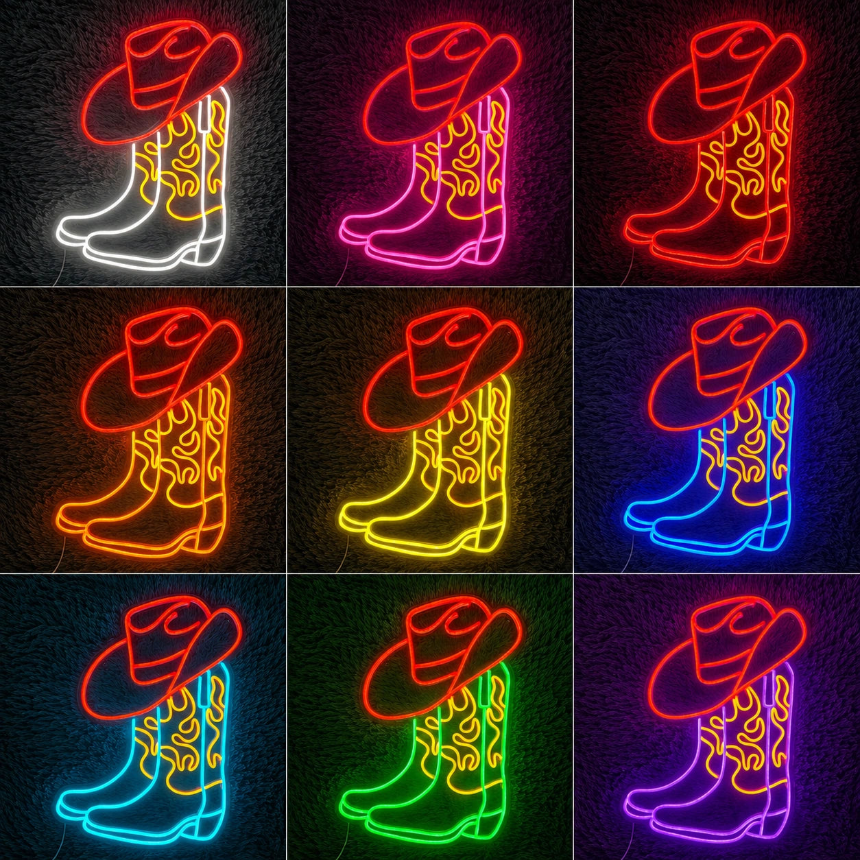Cowboy Boot And Hat Neon Sign LED Neon Sign color grid