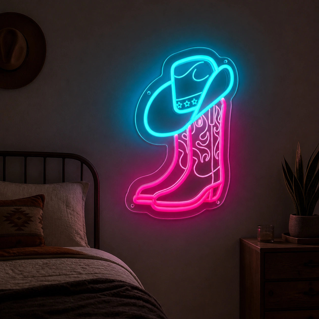 Cowboy Boot And Hat Vintage LED Neon Sign real lifestyle scene