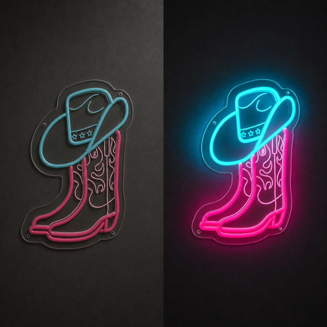 Cowboy Boot And Hat Vintage LED Neon Sign day and night comparison