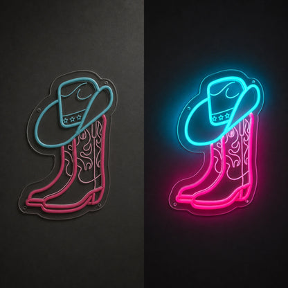 Cowboy Boot And Hat Vintage LED Neon Sign day and night comparison