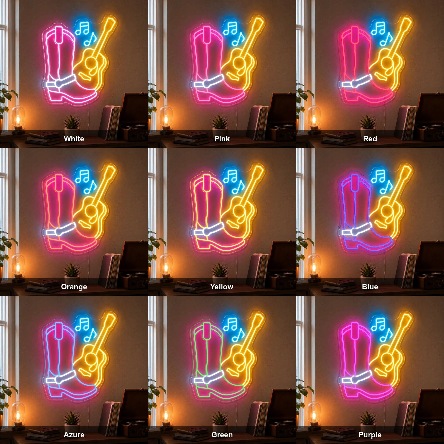Cowboy Boot Guitar LED Neon Sign color grid