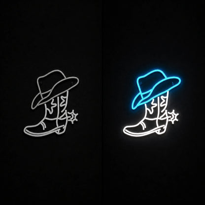 Cowboy Boot Hat Floral Spur Vintage LED Neon Sign day and night comparison