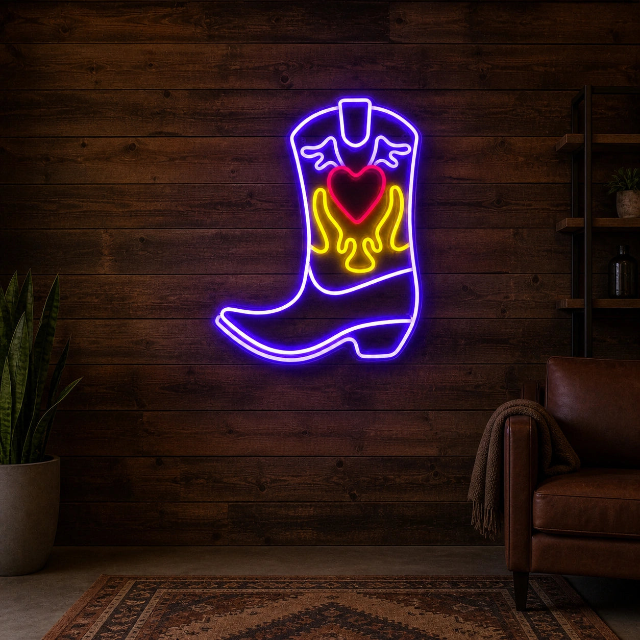 Cowboy Boot Heart Flames Vintage LED Neon Sign size image