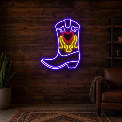 Cowboy Boot Heart Flames Vintage LED Neon Sign size image