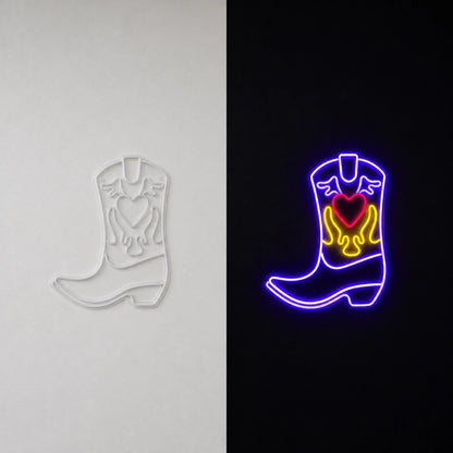 Cowboy Boot Heart Flames Vintage LED Neon Sign day and night comparison