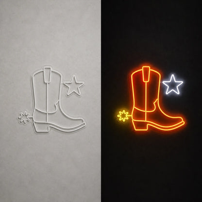 Cowboy Boot Star Spur Vintage LED Neon Sign day and night comparison