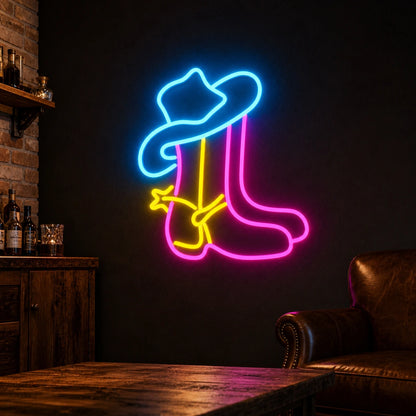 Cowboy Boot With Hat And Rope Vintage LED Neon Sign real lifestyle scene