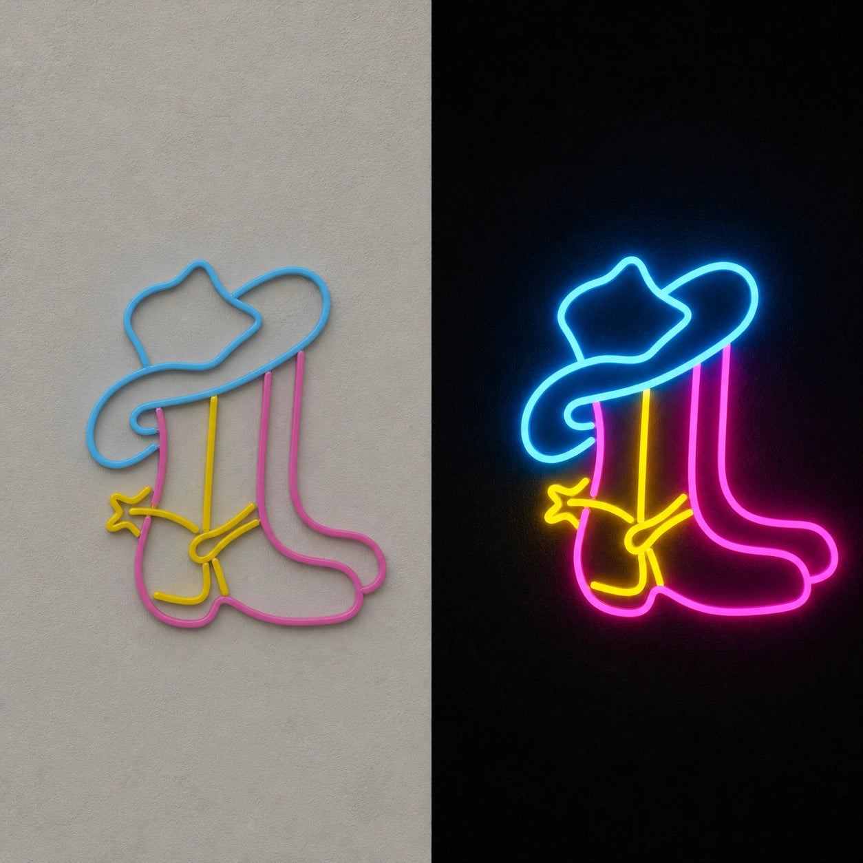 Cowboy Boot With Hat And Rope Vintage LED Neon Sign day and night comparison