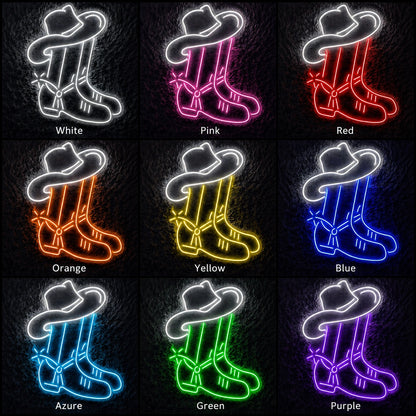 Cowboy Boots Wide Hat LED Neon Sign day and night comparison