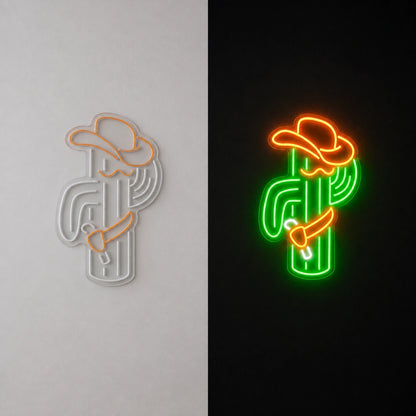 Cowboy Cactus Wall Vintage LED Neon Sign day and night comparison
