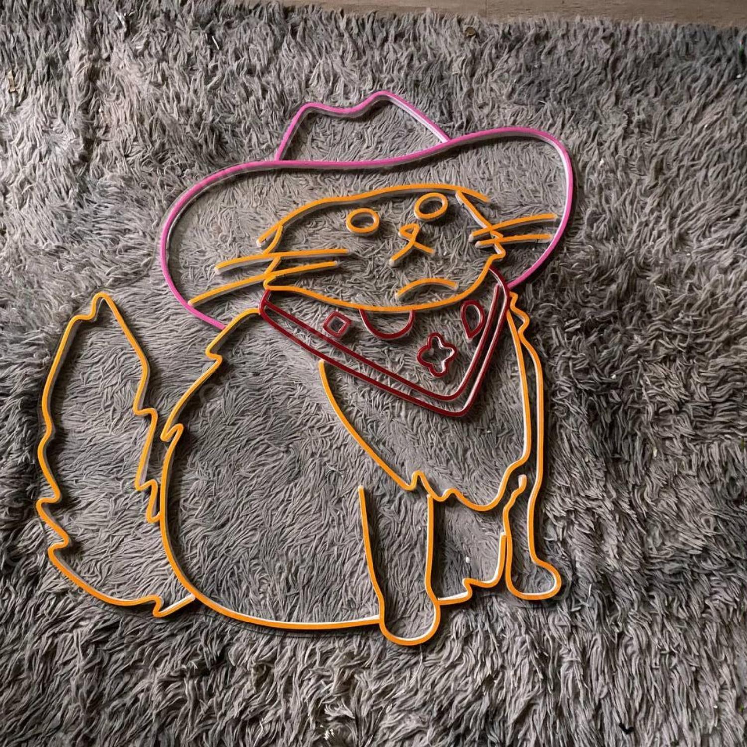 Cowboy Cat Vibrant Red-Yellow Led Neon Sign For Indoor Commercial Decor | Shineneon