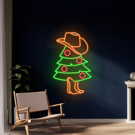 Cowboy Christmas Tree Neon Sign