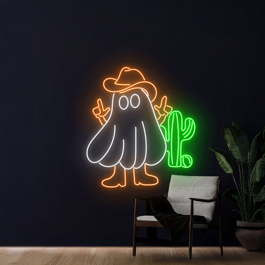 Cowboy Ghost With Cactus Neon Light