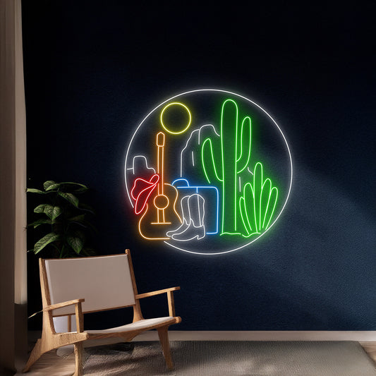 Cowboy Guitar Cactus Desert Sun Neon Sign