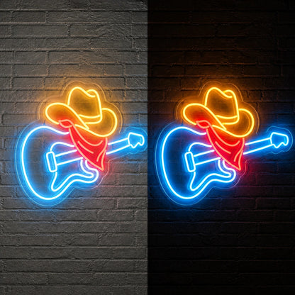 Cowboy Guitar Vintage LED Neon Sign day and night comparison