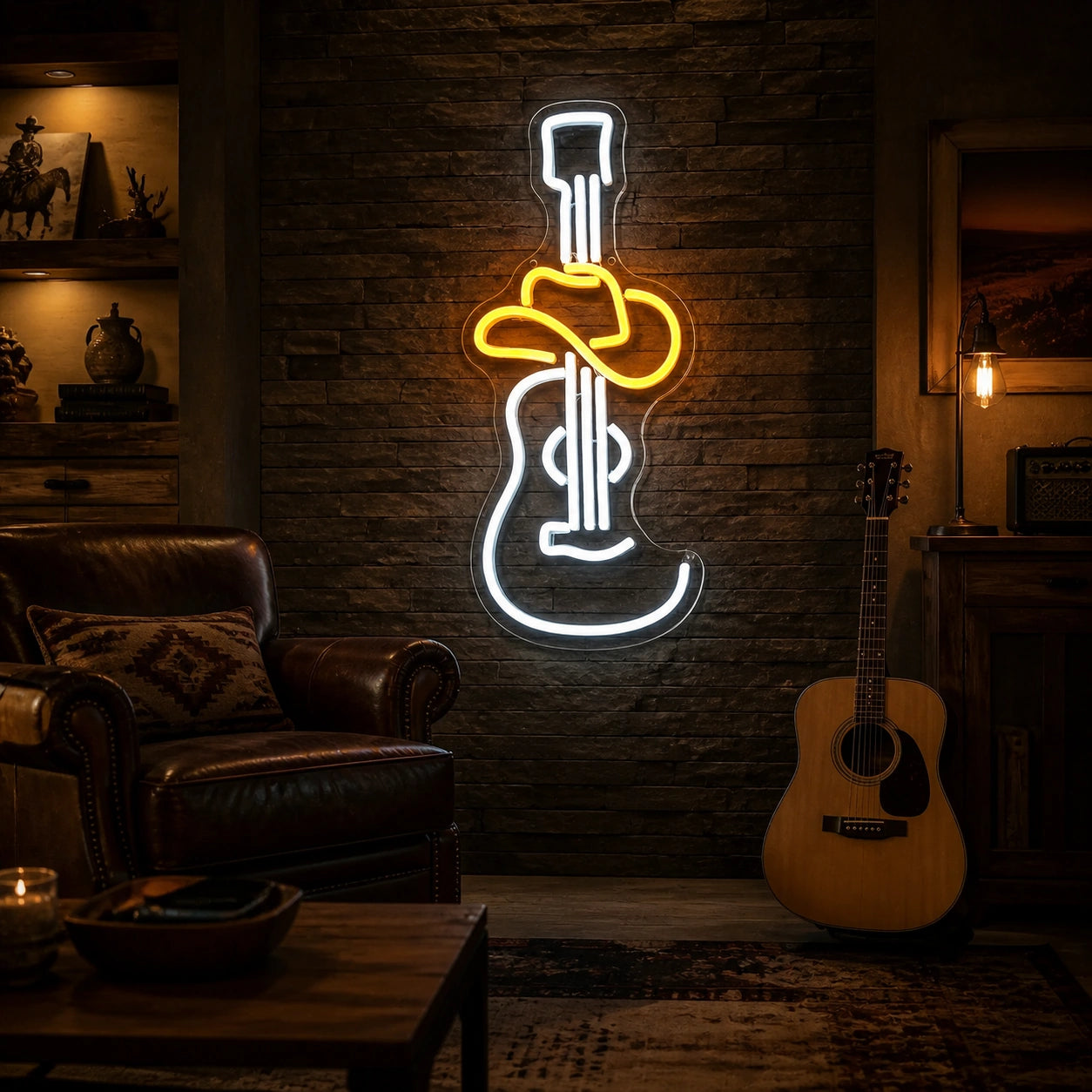 Cowboy Hat Acoustic Guitar Garage Neon Sign Vintage LED Neon Sign real lifestyle scene