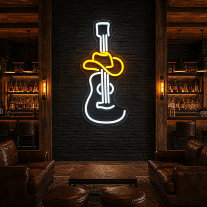 Cowboy Hat Acoustic Guitar Garage Neon Sign Vintage LED Neon Sign size image