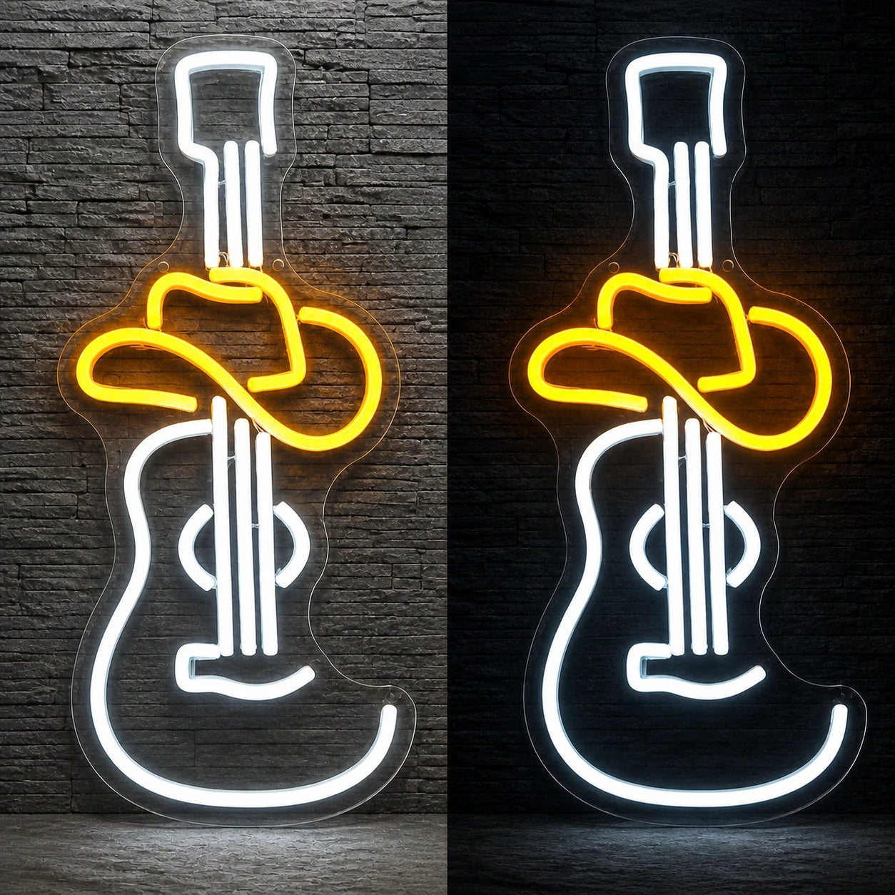 Cowboy Hat Acoustic Guitar Garage Neon Sign Vintage LED Neon Sign day and night comparison