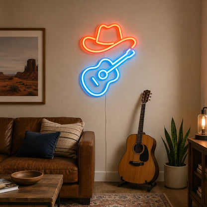 Cowboy Hat Acoustic Guitar LED Neon Sign - Shineneon