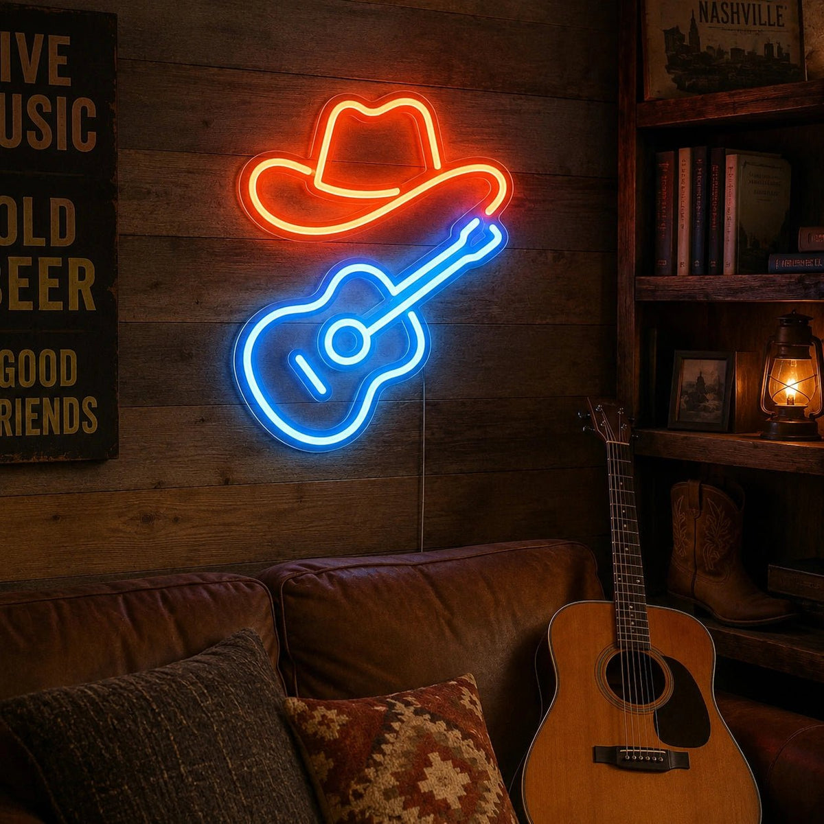 Cowboy Hat Acoustic Guitar LED Neon Sign - Shineneon