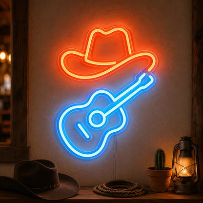 Cowboy Hat Acoustic Guitar LED Neon Sign - Shineneon