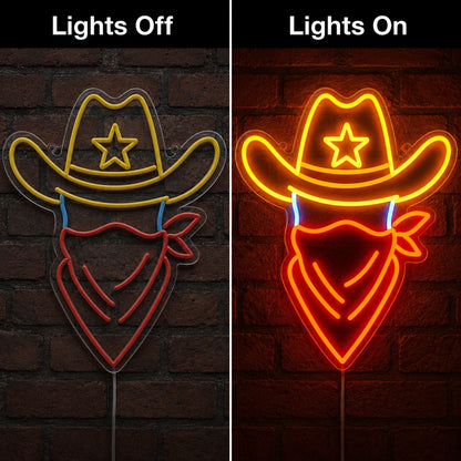 Cowboy Hat Bandana LED Neon Sign day and night comparison