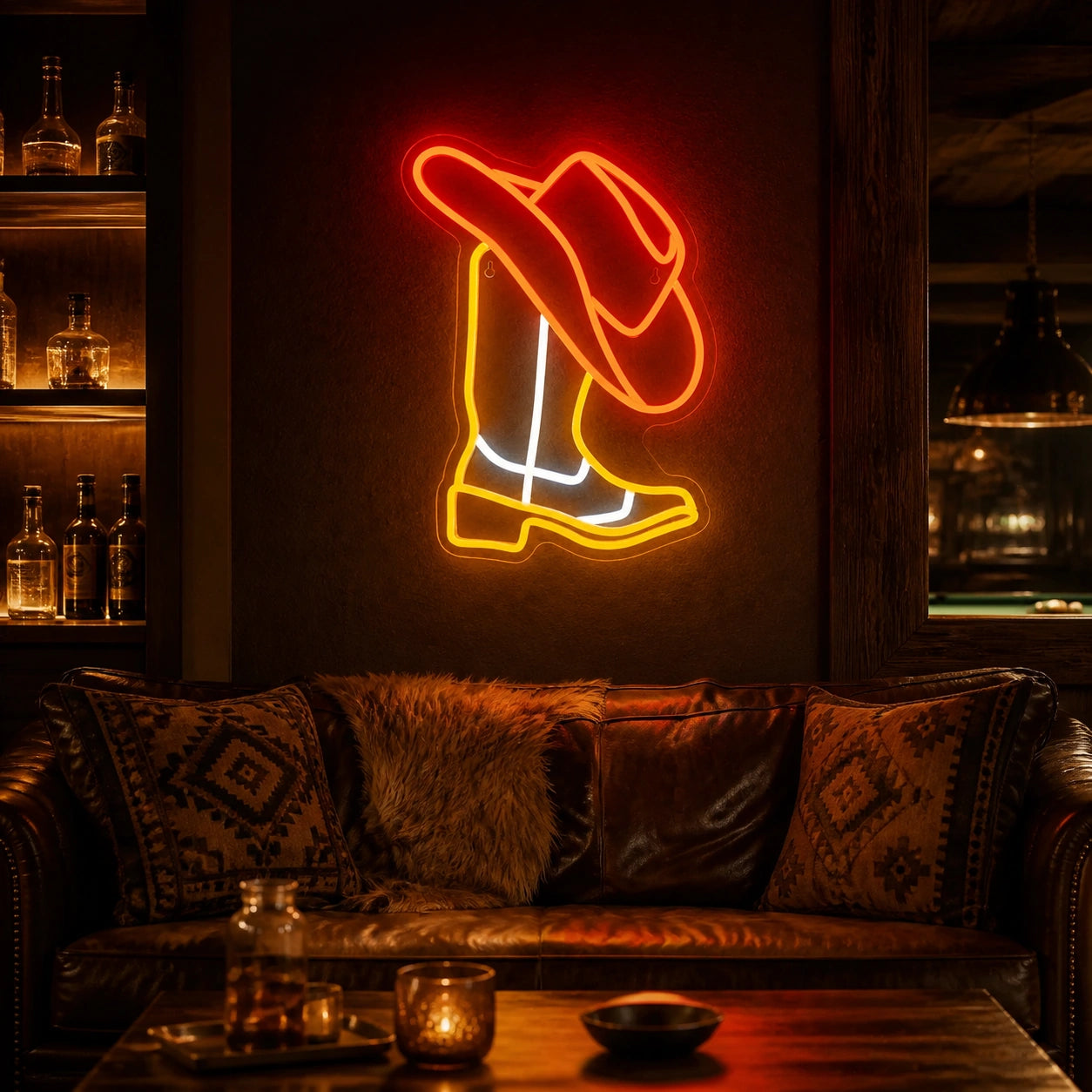 Cowboy Hat Behind Boot Vintage LED Neon Sign real lifestyle scene
