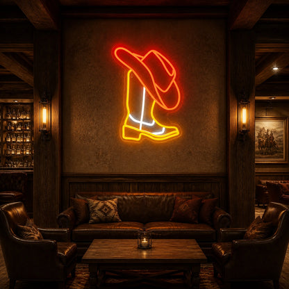 Cowboy Hat Behind Boot Vintage LED Neon Sign size image