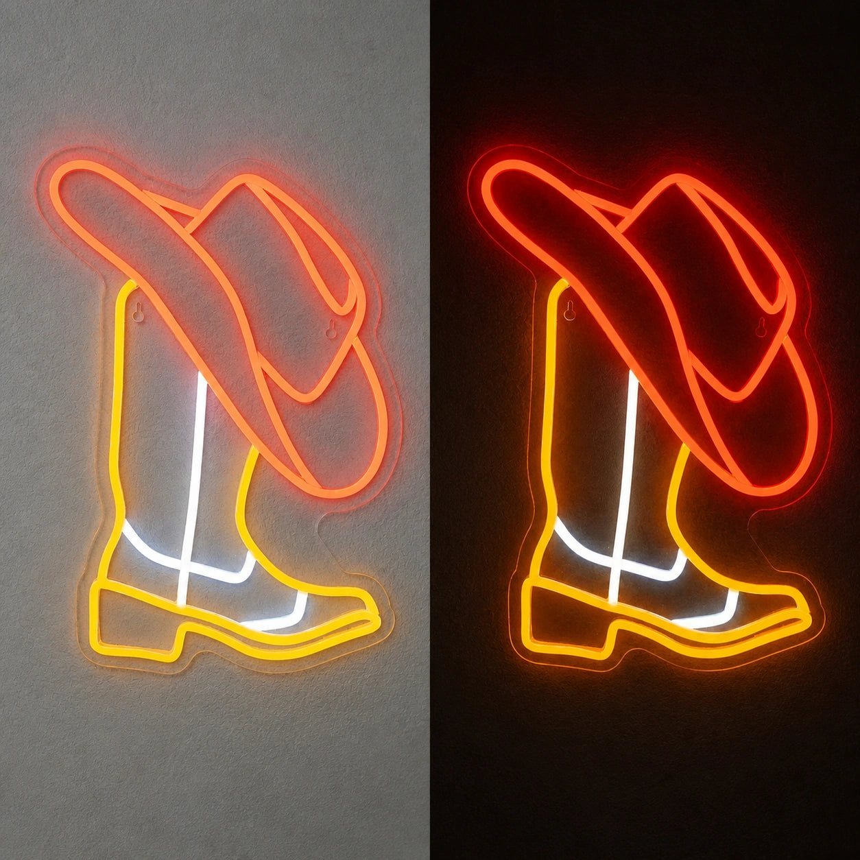 Cowboy Hat Behind Boot Vintage LED Neon Sign day and night comparison