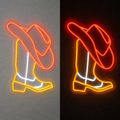 Cowboy Hat Behind Boot Vintage LED Neon Sign day and night comparison