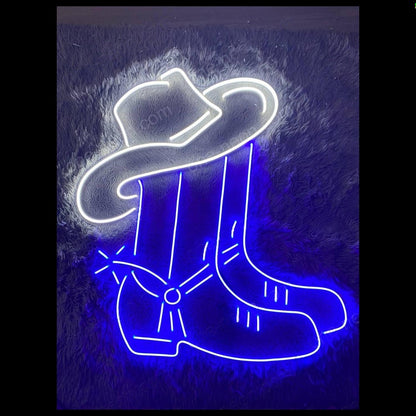 Cowboy Hat Boots White-Blue Led Neon Sign For Western Bar Home Decor | Shineneon