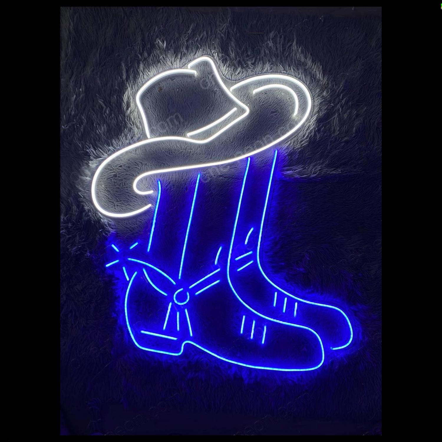 Cowboy Hat Boots White-Blue Led Neon Sign For Western Bar Home Decor | Shineneon