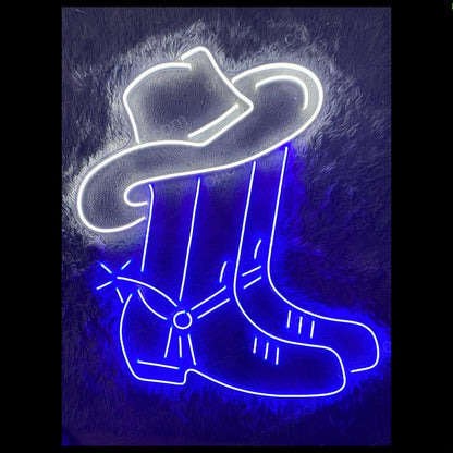 Cowboy Hat Boots White-Blue Led Neon Sign For Western Bar Home Decor | Shineneon