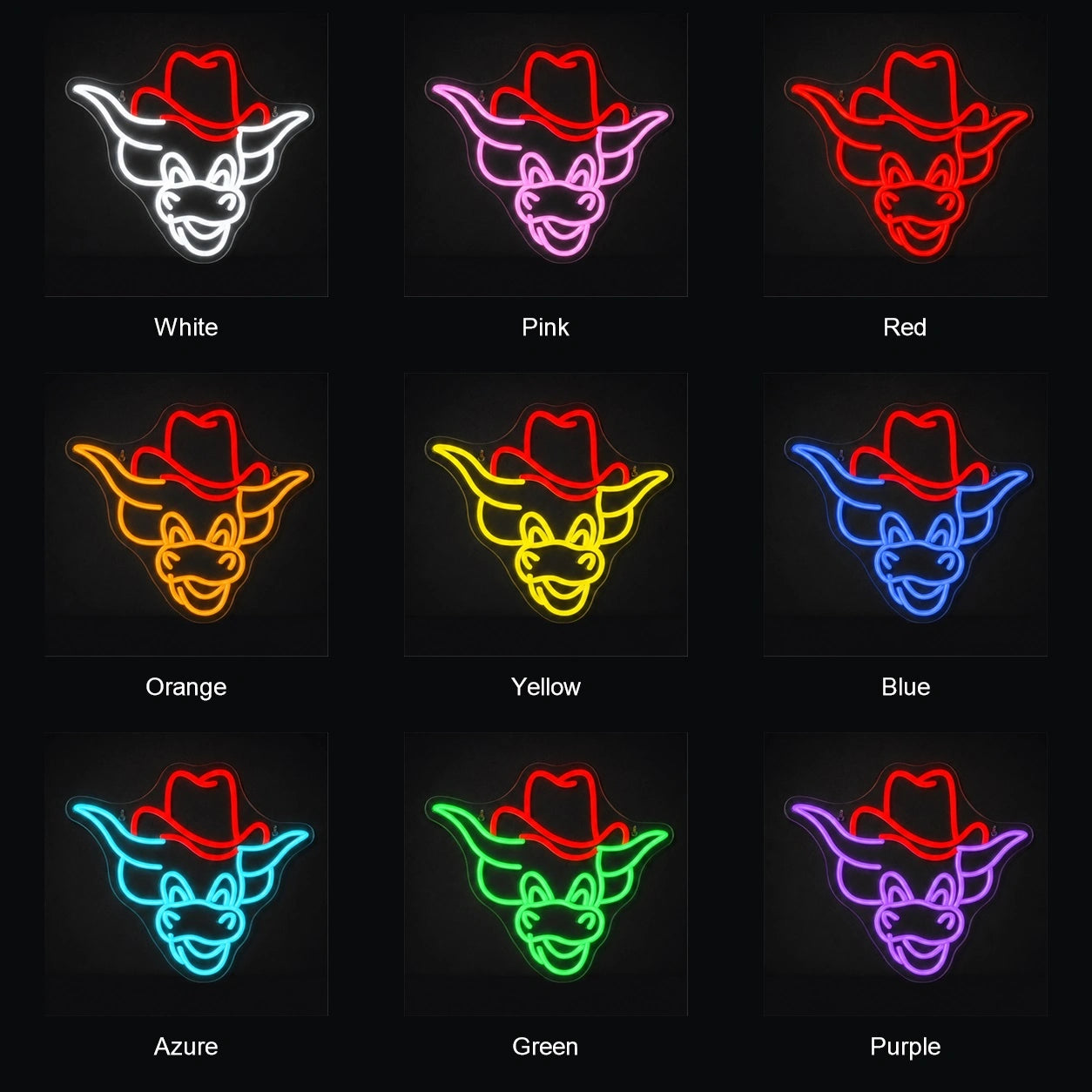 Cowboy Hat Bull Head LED Neon Sign color grid