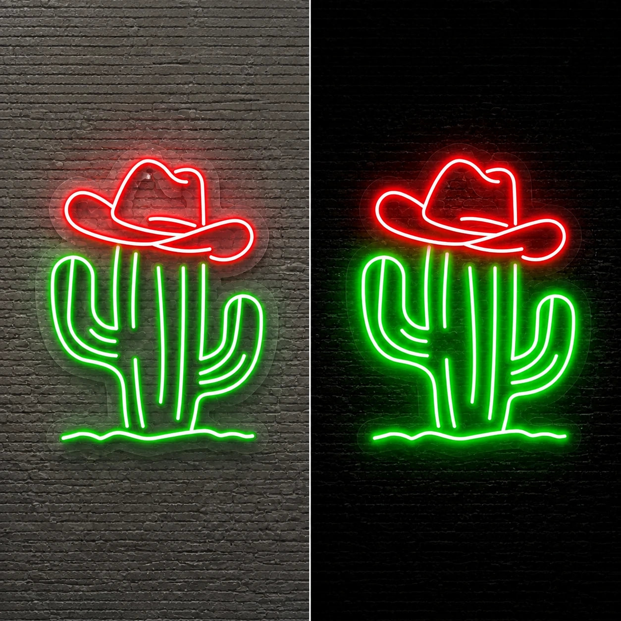 Cowboy Hat Cactus Vintage LED Neon Sign day and night comparison