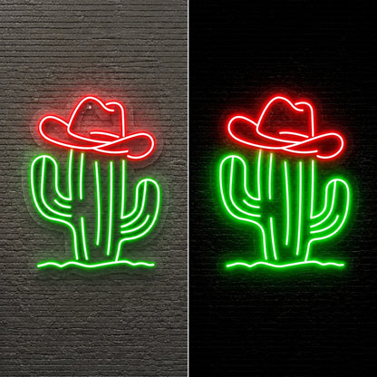 Cowboy Hat Cactus Vintage LED Neon Sign day and night comparison