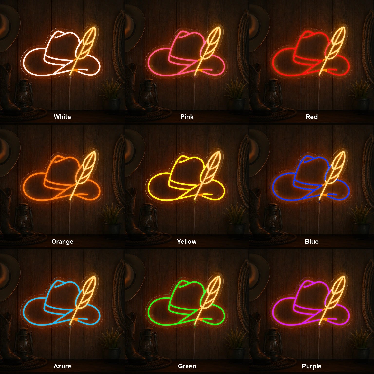 Cowboy Hat Feather LED Neon Sign Man Cave Neon Sign color grid