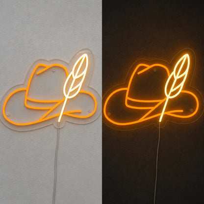 Cowboy Hat Feather Vintage LED Neon Sign day and night comparison