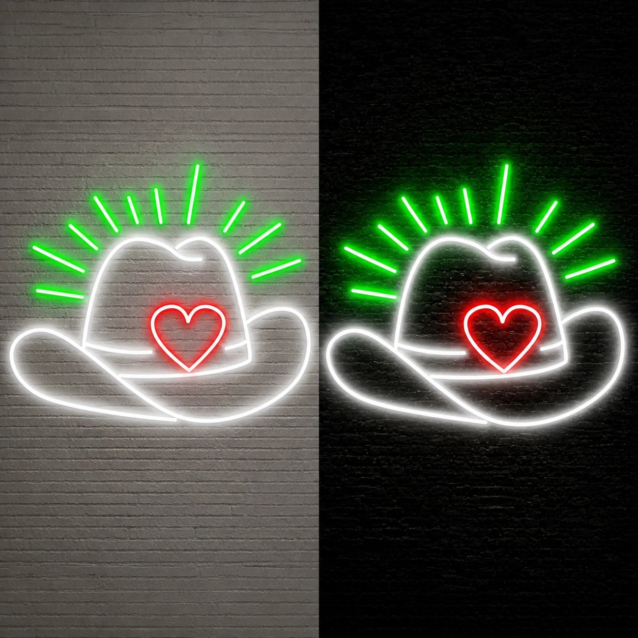 Cowboy Hat Heart Vintage LED Neon Sign day and night comparison