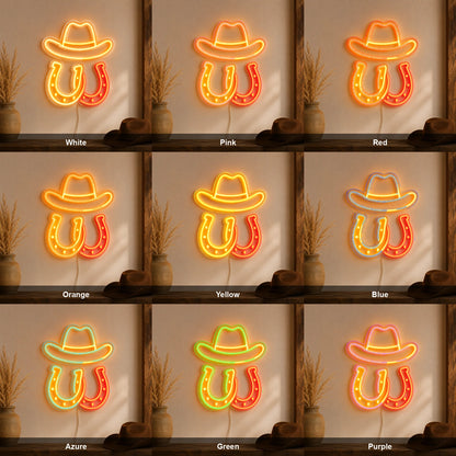 Cowboy Hat Horseshoes LED Neon Sign color grid