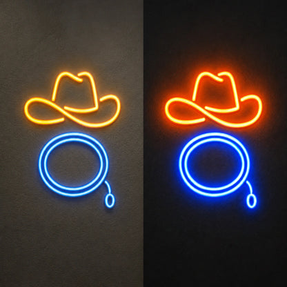 Cowboy Hat Lasso Loop Vintage LED Neon Sign day and night comparison