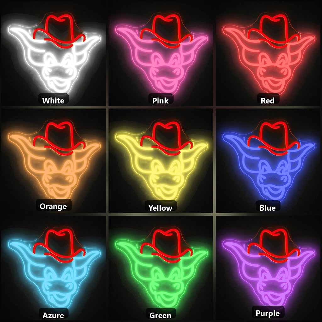 Cowboy Hat Longhorn Bull Vintage LED Neon Sign color grid