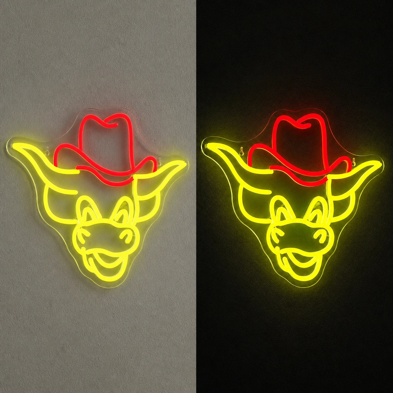 Cowboy Hat Longhorn Bull Vintage LED Neon Sign day and night comparison