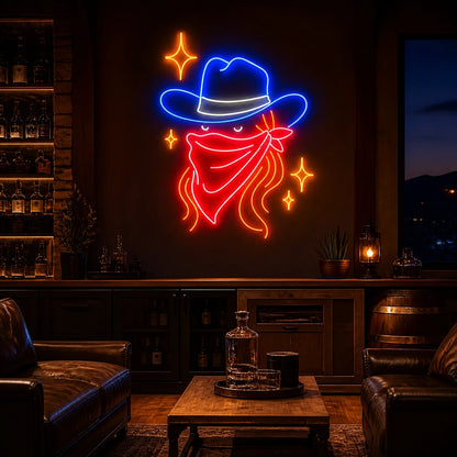 Cowboy Hat Minimal Outline Vintage LED Neon Sign real lifestyle scene