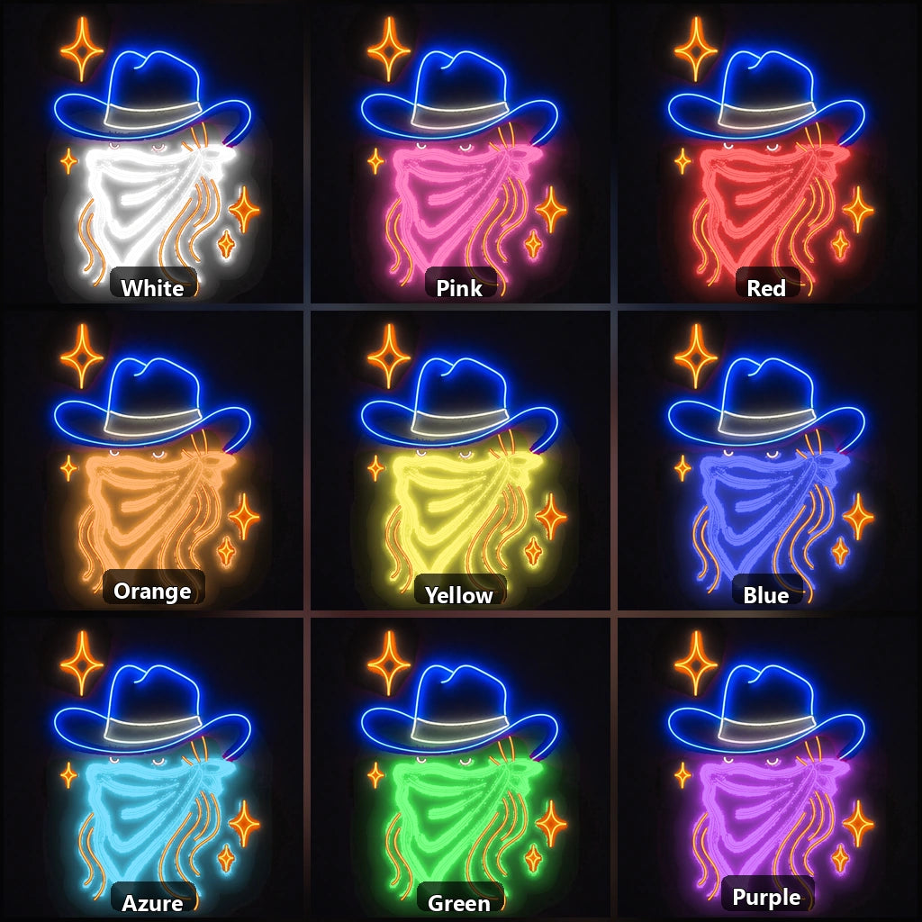 Cowboy Hat Minimal Outline Vintage LED Neon Sign color grid