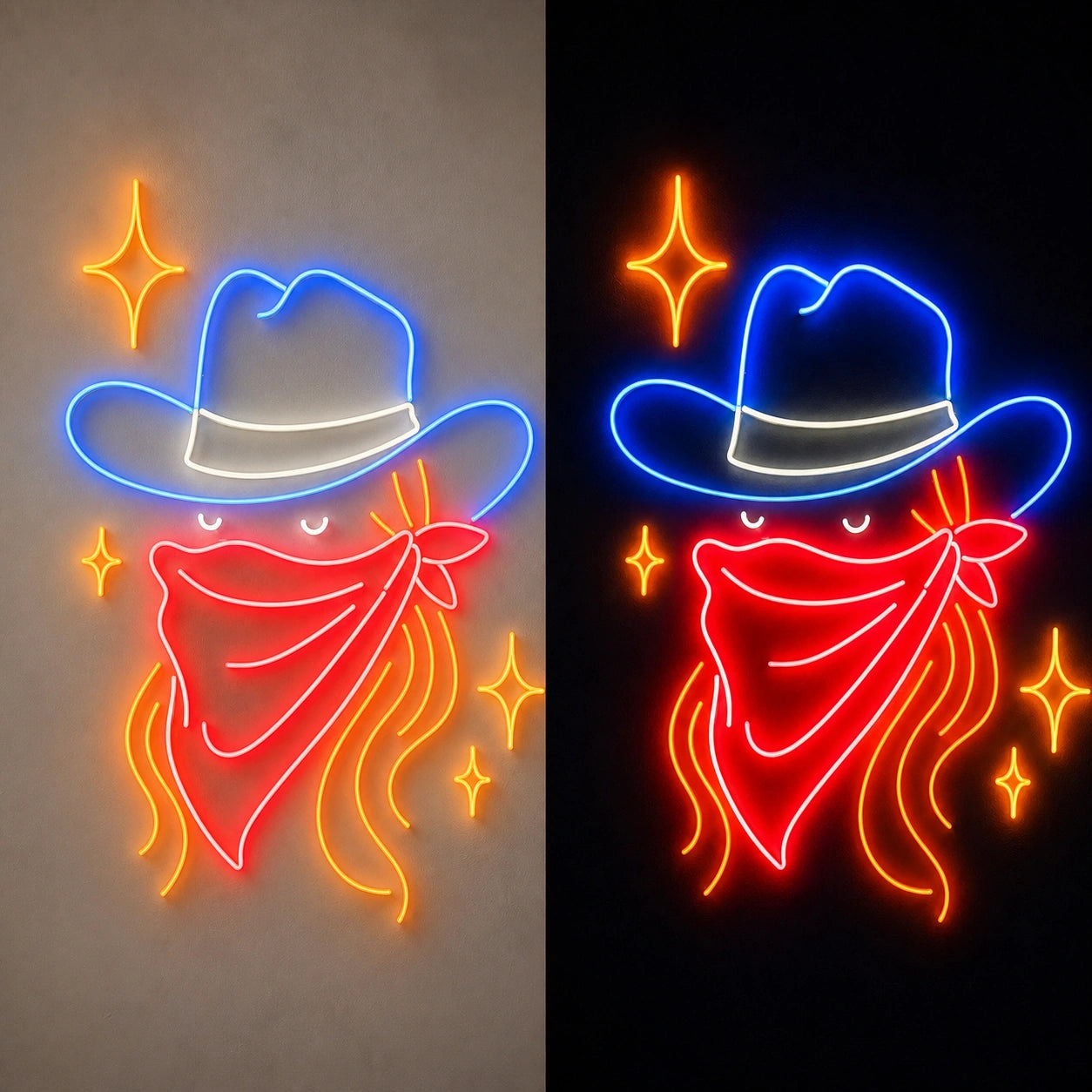 Cowboy Hat Minimal Outline Vintage LED Neon Sign day and night comparison