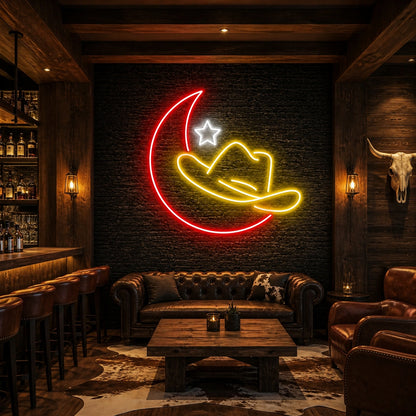 Cowboy Hat Moon Star Vintage LED Neon Sign size image