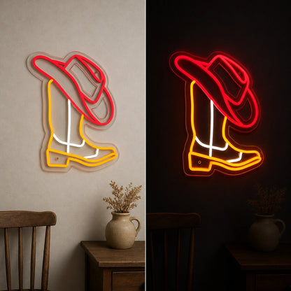 Cowboy Hat Outline Vintage LED Neon Sign day and night comparison
