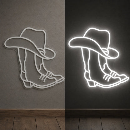 Cowboy Hat Over Boot Vintage LED Neon Sign day and night comparison
