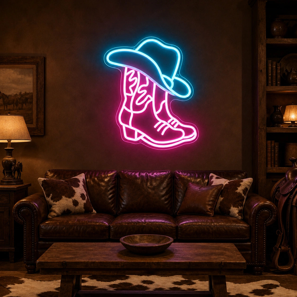 Cowboy Hat Over Pair Of Boots Vintage LED Neon Sign real lifestyle scene